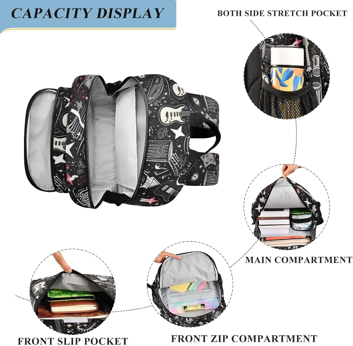 Rock and Roll Guitar School Backpack for Girls-Boys Elementary School Bookbag Daypack for Kids