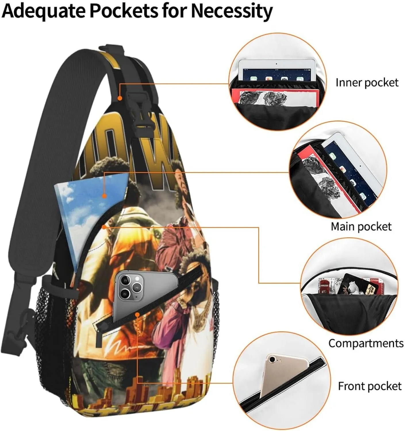 Rod Music Wave Fashion Casual Crossbody Bag Chest Bag Sling Bag Travel Daypack For Women Men Black