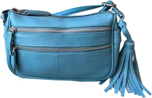 Roma Leathers Tassel Compact Body Purse - Cowhide Leather, Metal Zipper Teeth - Light Blue