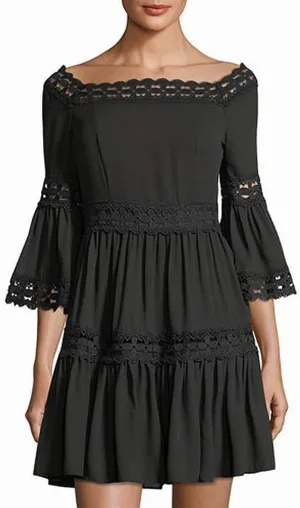 Romeo & Juliet Couture 3/4 Bell Sleeve Lace Trim Dress Black SM