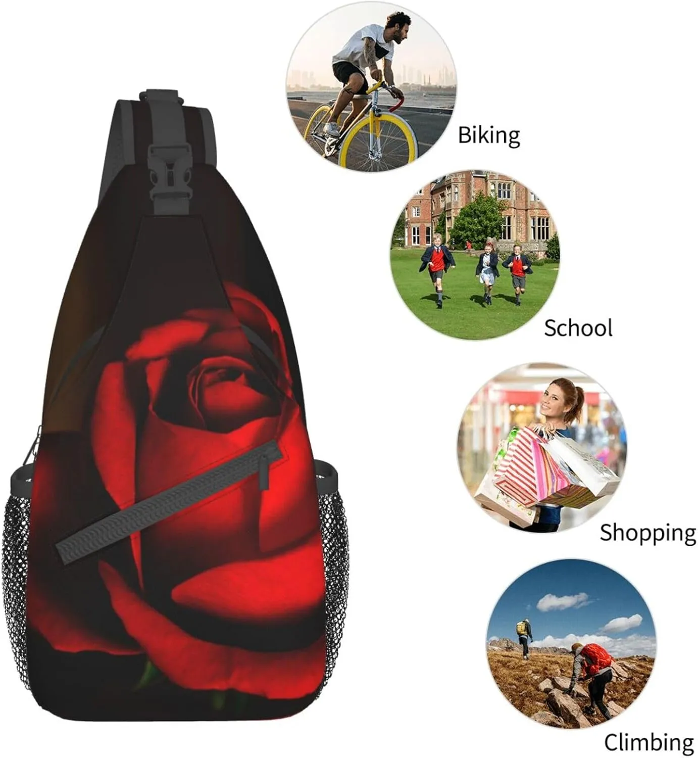 Rose Shoulder Bag Flower Sling Backpack Daypack Casual Cute Hiking Bag Womens Backpack Bag for Outdoor