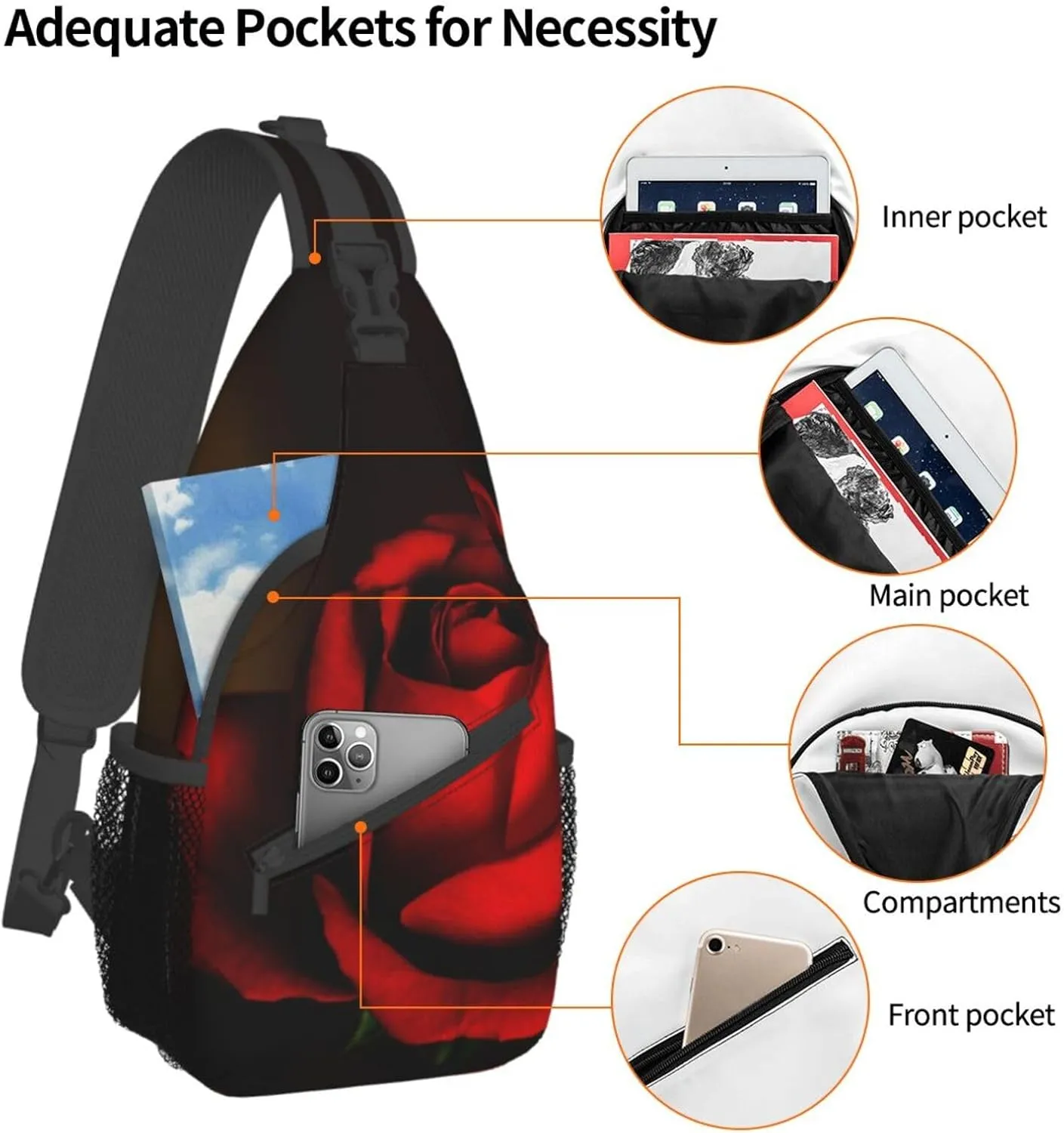 Rose Shoulder Bag Flower Sling Backpack Daypack Casual Cute Hiking Bag Womens Backpack Bag for Outdoor