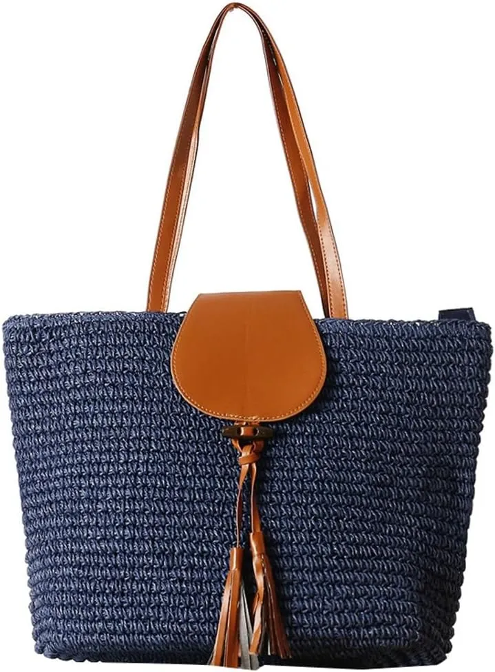 Rungion Summer Straw Shoulder Bags for Women Large Woven Tote Purse Casual Beach Vacation Top Handle Handbags with Tassel
