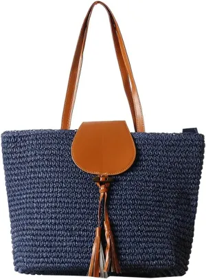 Rungion Summer Straw Shoulder Bags for Women Large Woven Tote Purse Casual Beach Vacation Top Handle Handbags with Tassel
