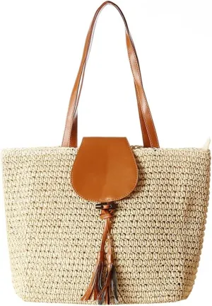 Rungion Summer Straw Shoulder Bags for Women Large Woven Tote Purse Casual Beach Vacation Top Handle Handbags with Tassel