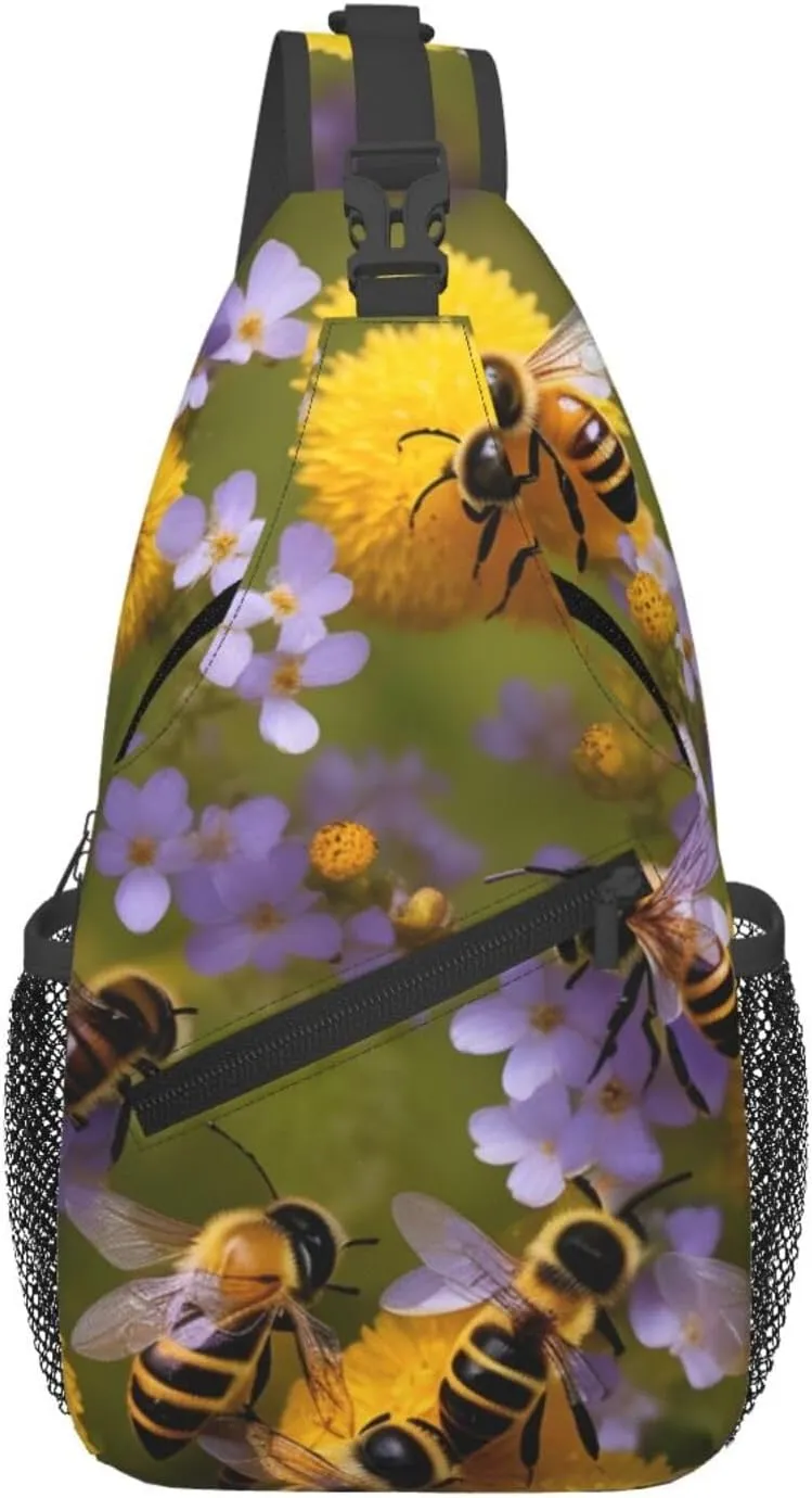 Rural Honey Bees Wildflowers Print Cross Chest Bag Diagonally,Adjustable Sling Backpack Travel Hiking Sport Wallet