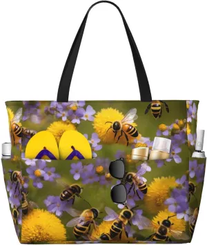 Rural Honey Bees Wildflowers print Large Capacity Beach Travel Bag, Reusable Grocery Bag, Beach Bag