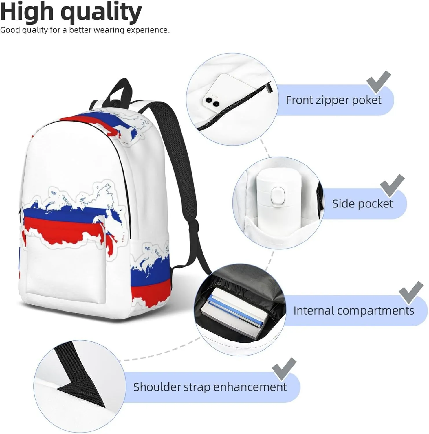 Russian Flag Map print Backpack Travel Backpacks for Women Men College Backpack Computer Bag for Travel