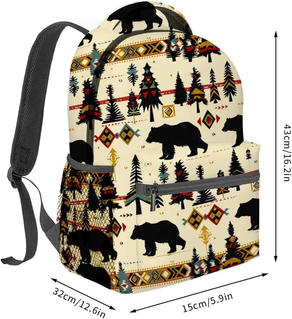 Rustic Woodland Bear Backpack,Black Bears Polyester Backpacks,Lightweight Double Shoulder Back Pack for Women,Forest Cabin Bookbag,School Bag Gifts,Casual Travel Daypack Book Packs