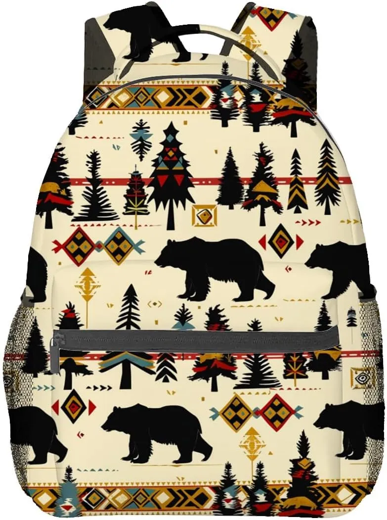 Rustic Woodland Bear Backpack,Black Bears Polyester Backpacks,Lightweight Double Shoulder Back Pack for Women,Forest Cabin Bookbag,School Bag Gifts,Casual Travel Daypack Book Packs