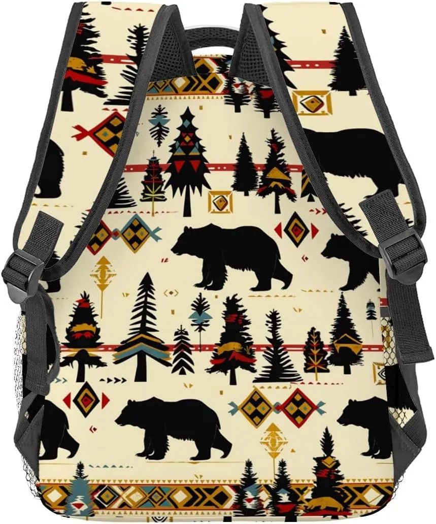 Rustic Woodland Bear Backpack,Black Bears Polyester Backpacks,Lightweight Double Shoulder Back Pack for Women,Forest Cabin Bookbag,School Bag Gifts,Casual Travel Daypack Book Packs