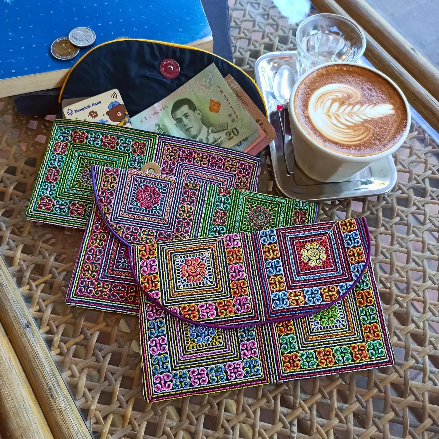 Sabai Jai Embroidered Magnet Snap Clutch Envelope Wallet for Women - Cute Colorful Ethnic Boho Accessory Organizer Money Holder Bag (Mini Spirals)
