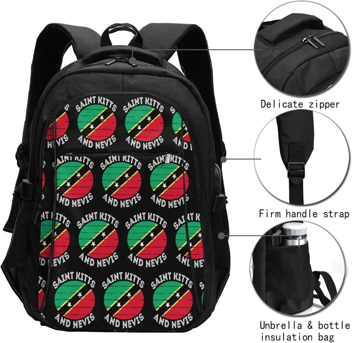Saint Kitts Nevis Roots Flag Business Laptop Backpack Travel Backpacks Outdoor Rucksack Large Bag Daypack with USB Charging Port Multi-Pocket for Hiking Camping
