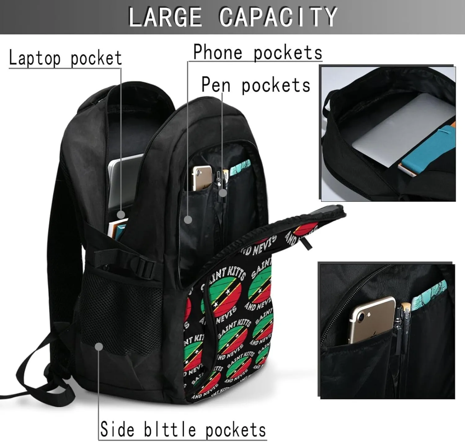 Saint Kitts Nevis Roots Flag Business Laptop Backpack Travel Backpacks Outdoor Rucksack Large Bag Daypack with USB Charging Port Multi-Pocket for Hiking Camping