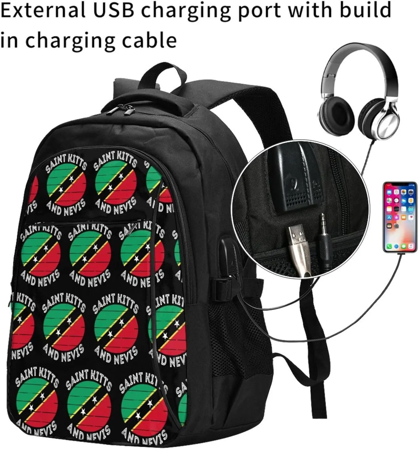 Saint Kitts Nevis Roots Flag Business Laptop Backpack Travel Backpacks Outdoor Rucksack Large Bag Daypack with USB Charging Port Multi-Pocket for Hiking Camping
