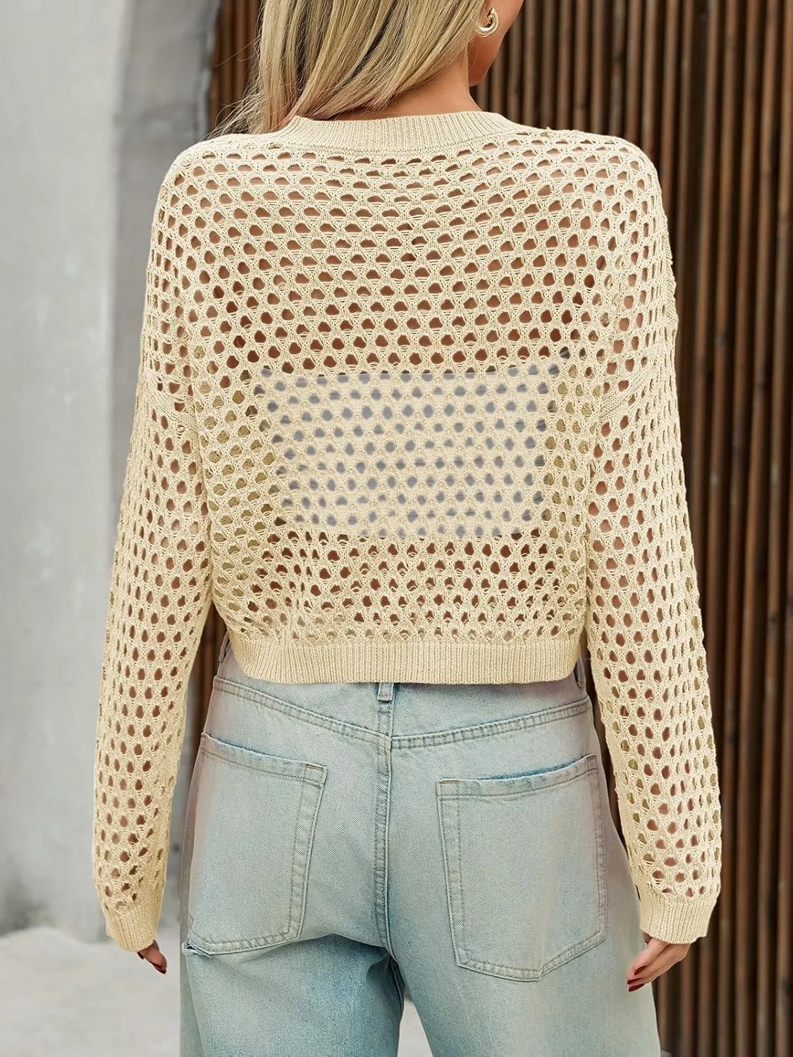 Saodimallsu Womens Crochet Crop Tops Summer Long Sleeve Mesh Knit Beach Cover Up Hollow Out Crewneck Pullover Sweaters