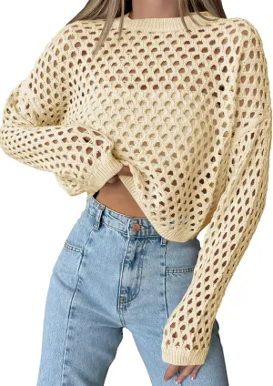 Saodimallsu Womens Crochet Crop Tops Summer Long Sleeve Mesh Knit Beach Cover Up Hollow Out Crewneck Pullover Sweaters
