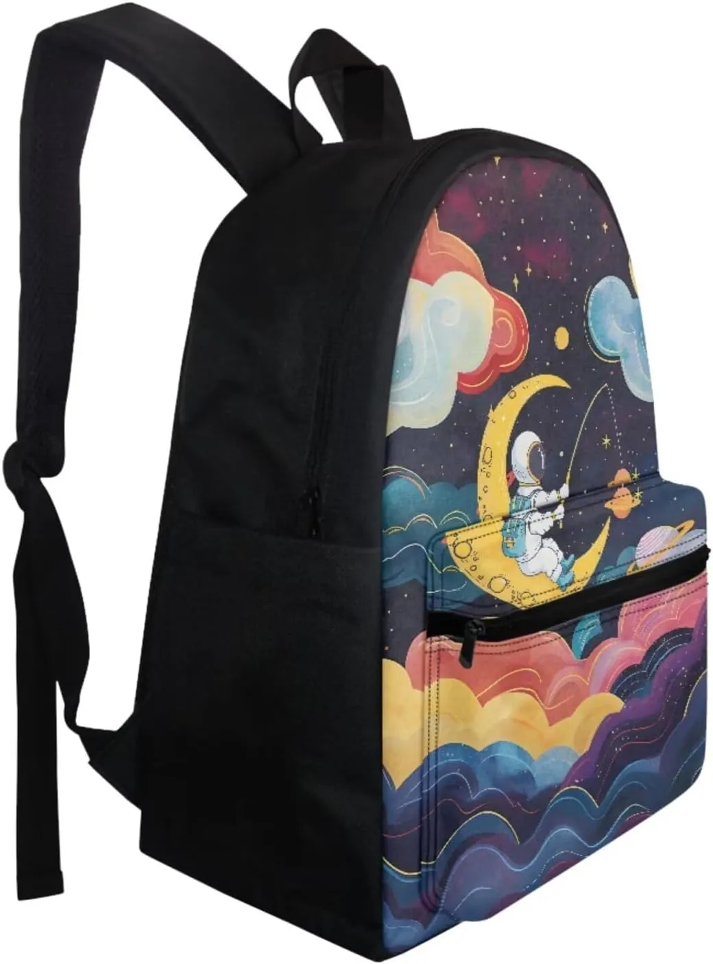 School Backpacks for Boys Girls Astronaut Fishing Star on Moon Backpack Set with Lunch Bag Pencil Case Water Bottle Holder Colorful Clouds Backpack 4 in 1 Set for Travel Gifts