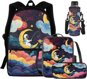 School Backpacks for Boys Girls Astronaut Fishing Star on Moon Backpack Set with Lunch Bag Pencil Case Water Bottle Holder Colorful Clouds Backpack 4 in 1 Set for Travel Gifts