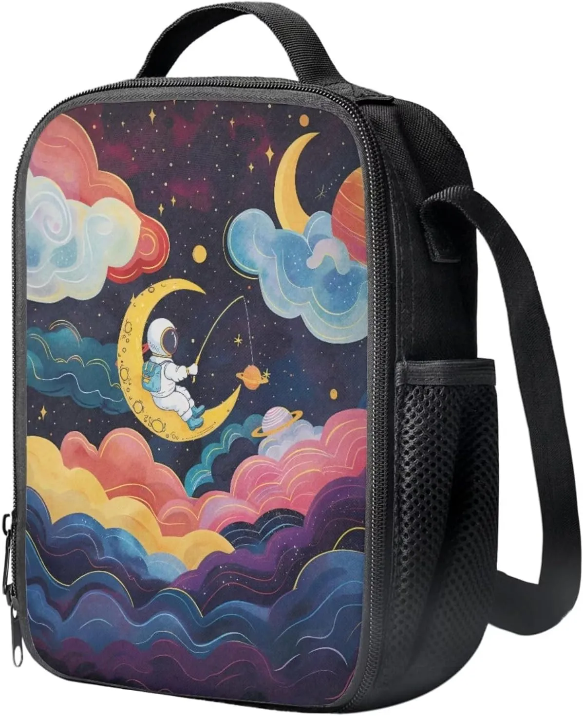 School Backpacks for Boys Girls Astronaut Fishing Star on Moon Backpack Set with Lunch Bag Pencil Case Water Bottle Holder Colorful Clouds Backpack 4 in 1 Set for Travel Gifts
