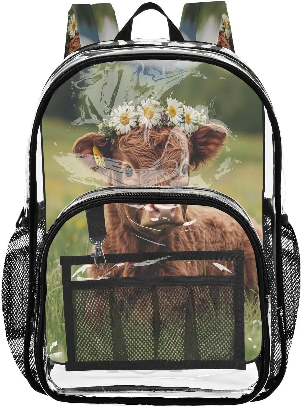 School Clear Backpack Backpack For School Clear For Adults Seethrough PVC Bag Highland Calf with A Flower Crown in A Grassy Field