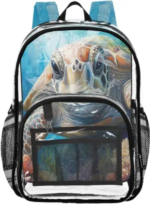 Sea Turtle Reefs Clear Backpack Coral PVC Transparent Backpack with Reinforced Straps for Women Men ，12L Large See Through Bookbag for School Work Sport Travel