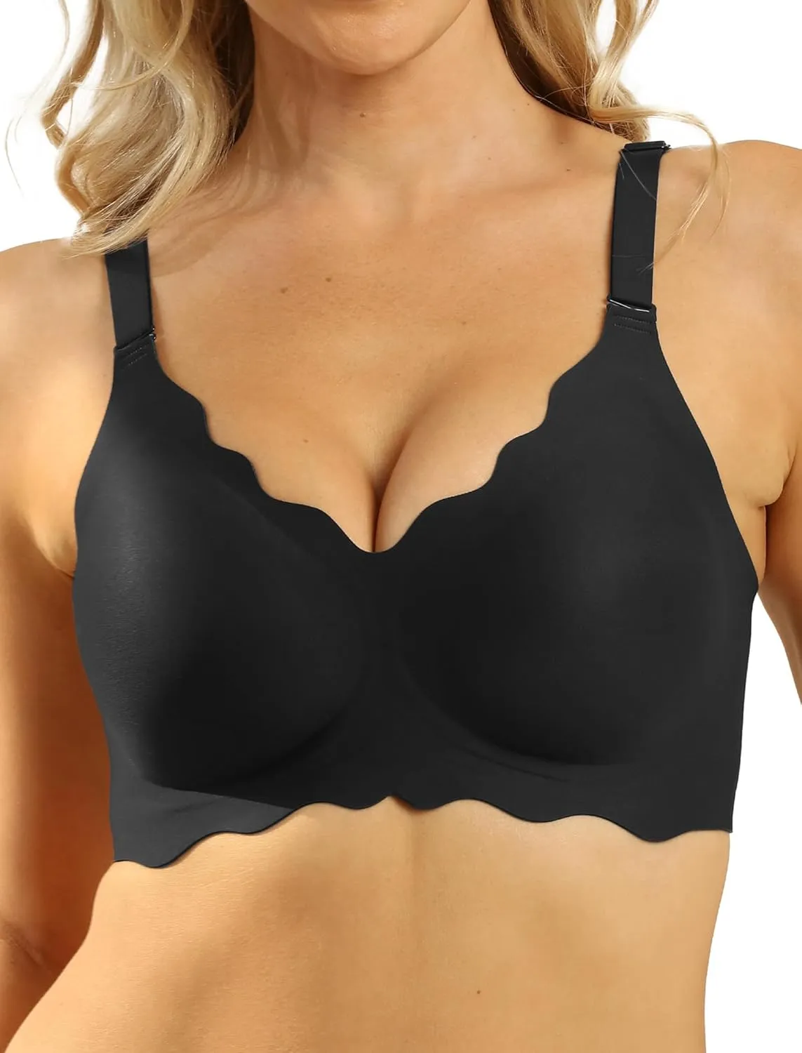 Seamless Wirefree Bra No Underwire Deep V Large Bust Women U-Shaped Back Lace Trim T-Shirt Bra