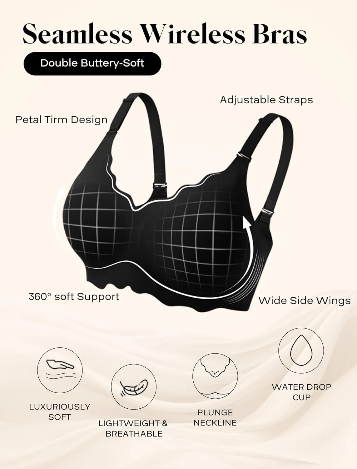 Seamless Wirefree Bra No Underwire Deep V Large Bust Women U-Shaped Back Lace Trim T-Shirt Bra