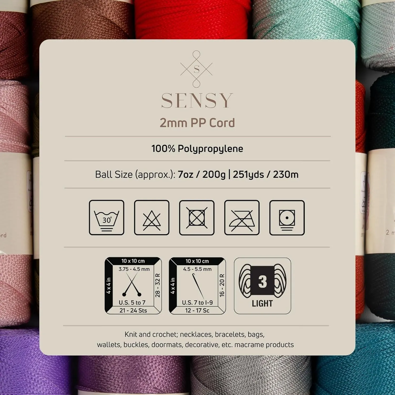 Sensy Premium 2 Pack of 2mm 251 Yards Polyester Rope 100% Polypropylene Cord Macrame Cord 2mm Crochet Bag Cord Macrame Rope Crochet Thread Gift for Knitter (Mink)