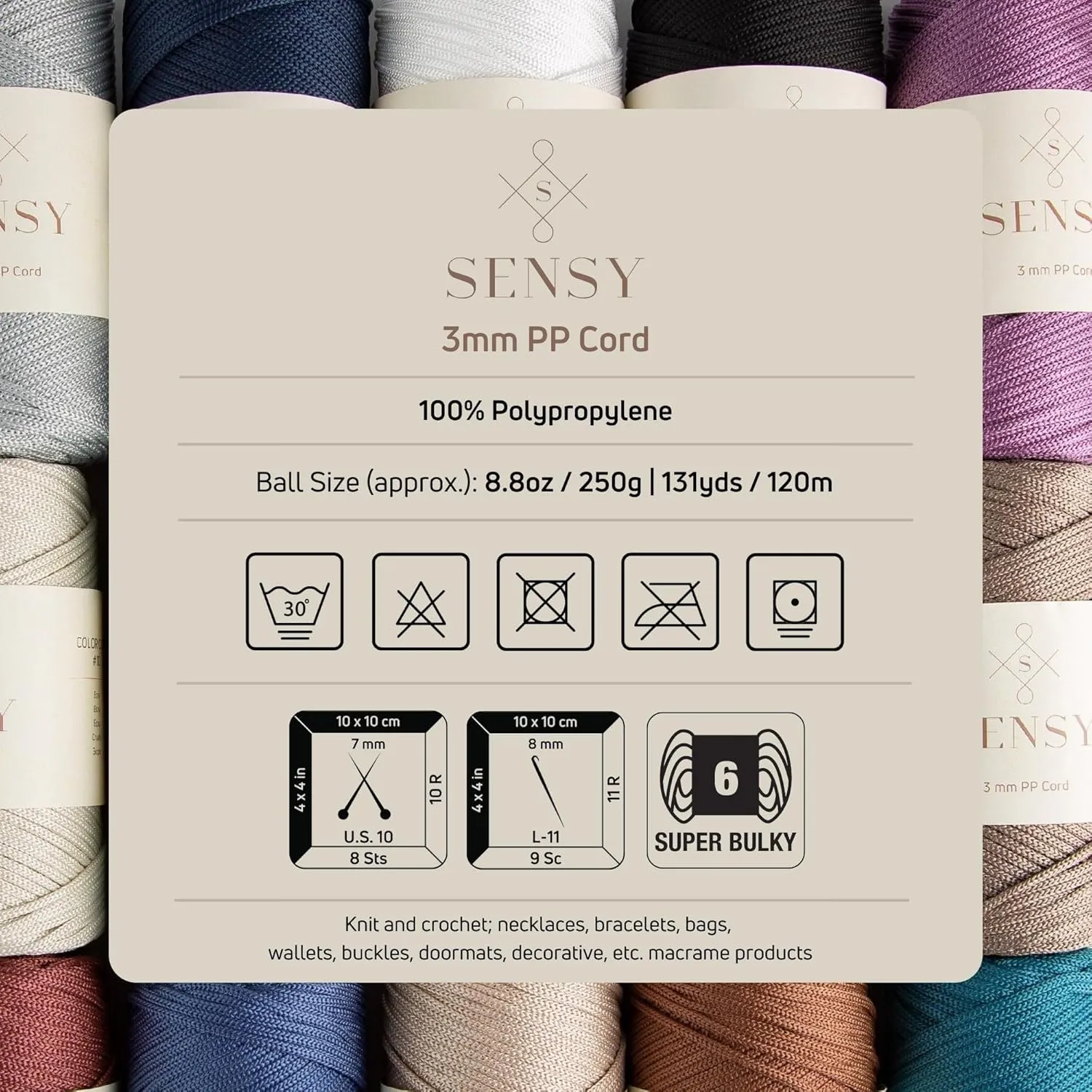 Sensy Premium 3mm 131 Yards Polyester Rope 100% Polypropylene Cord Macrame Cord 3mm Crochet Bag Cord Macrame Rope Crochet Thread Gift for Knitter (Dusty Rose)