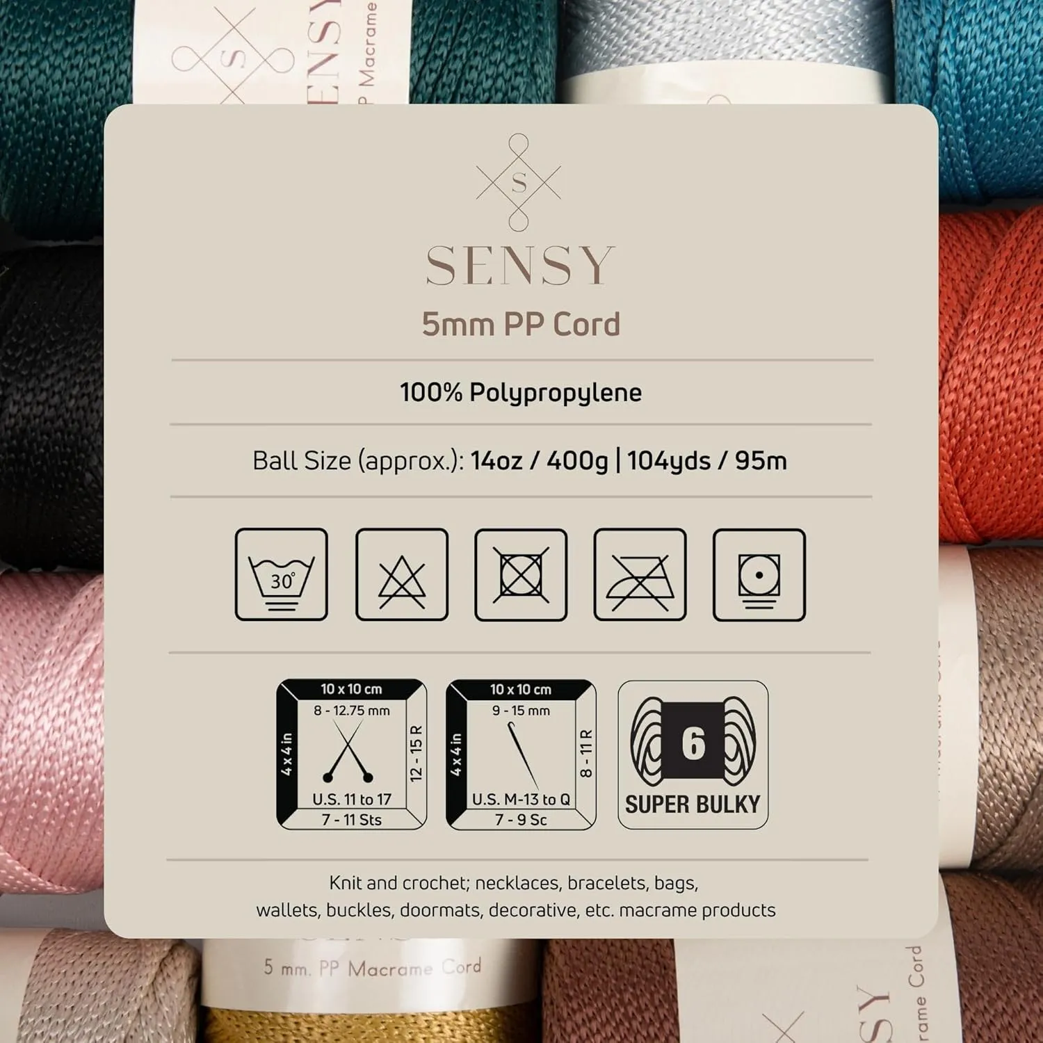 Sensy Premium 5mm 104 Yards Polyester Rope 100% Polypropylene Cord Macrame Cord 5mm Crochet Bag Cord Macrame Rope Crochet Thread Gift for Knitter (Black)