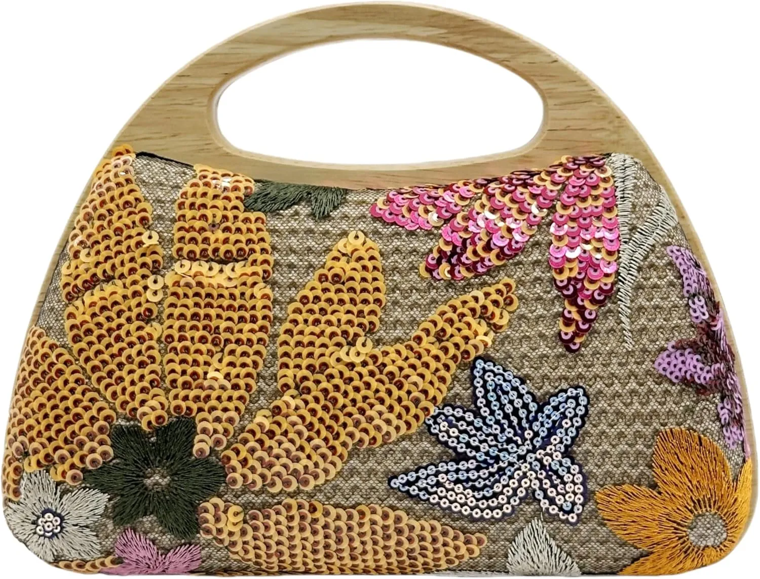Sequin Clutch Bag for Women, Orange Floral Embroidered Evening Purse with Wooden Base, Top Handle & Removable Chain – Crossbody Handbag for Wedding, Party, Travel