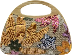 Sequin Clutch Bag for Women, Orange Floral Embroidered Evening Purse with Wooden Base, Top Handle & Removable Chain – Crossbody Handbag for Wedding, Party, Travel