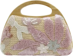 Sequin Clutch Bag for Women, Pink Floral Embroidered Evening Purse with Wooden Base, Top Handle & Removable Chain – Crossbody Handbag for Wedding, Party, Travel