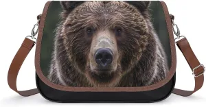 Serious Brown Bear Face Leather Crossbody Bags for Women Travel Shoulder Backpack Messenger Bag Adjustable Shoulder Strap