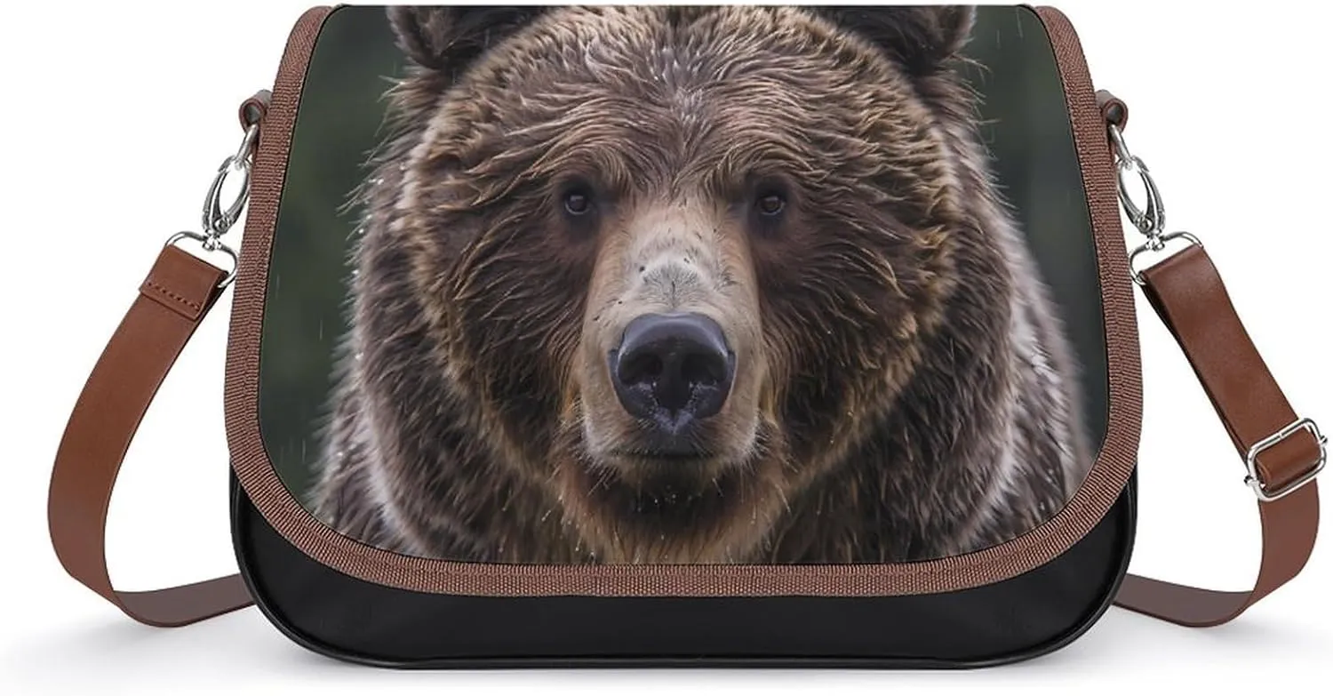 Serious Brown Bear Face Leather Crossbody Bags for Women Travel Shoulder Backpack Messenger Bag Adjustable Shoulder Strap