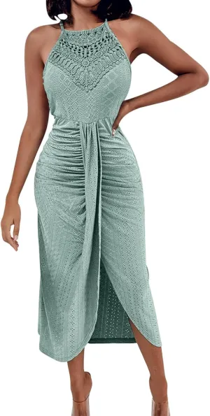 Sexy Prints Dress for Women Front Split Straps Sleeveless Midi Skirt Slimming Round Neck Pleated Dresses Cocktail