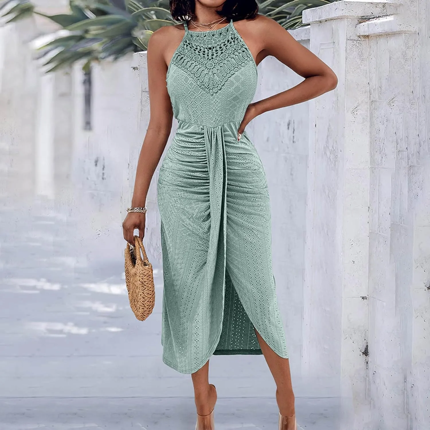 Sexy Prints Dress for Women Front Split Straps Sleeveless Midi Skirt Slimming Round Neck Pleated Dresses Cocktail