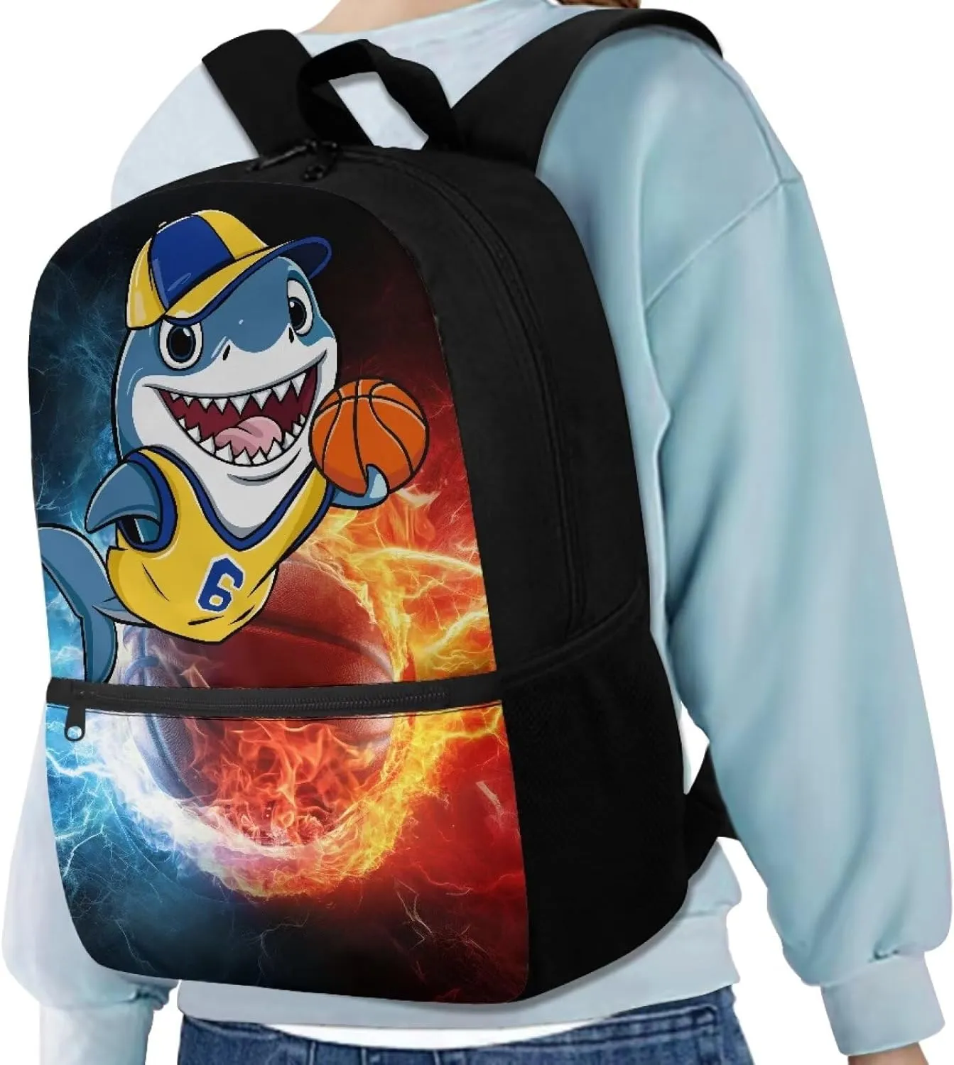 Shark Backpack for Kids Boys Basketball Large Capaity School Bookbag with Elastic Side Pockets Lightweight Wear Resistent Travel Backpack Ideal for Daily Use