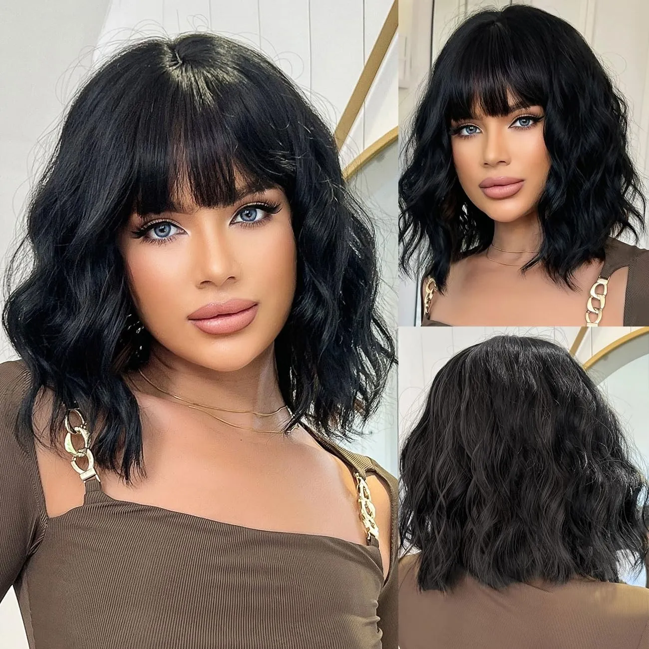 Short Bob Black Wavy Wigs for Women Natural Shoulder Length Wig with Bangs Synthetic Wigs for Daily Cosplay