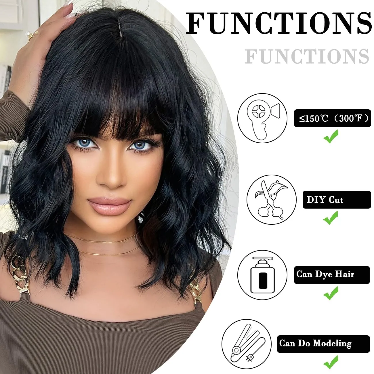 Short Bob Black Wavy Wigs for Women Natural Shoulder Length Wig with Bangs Synthetic Wigs for Daily Cosplay