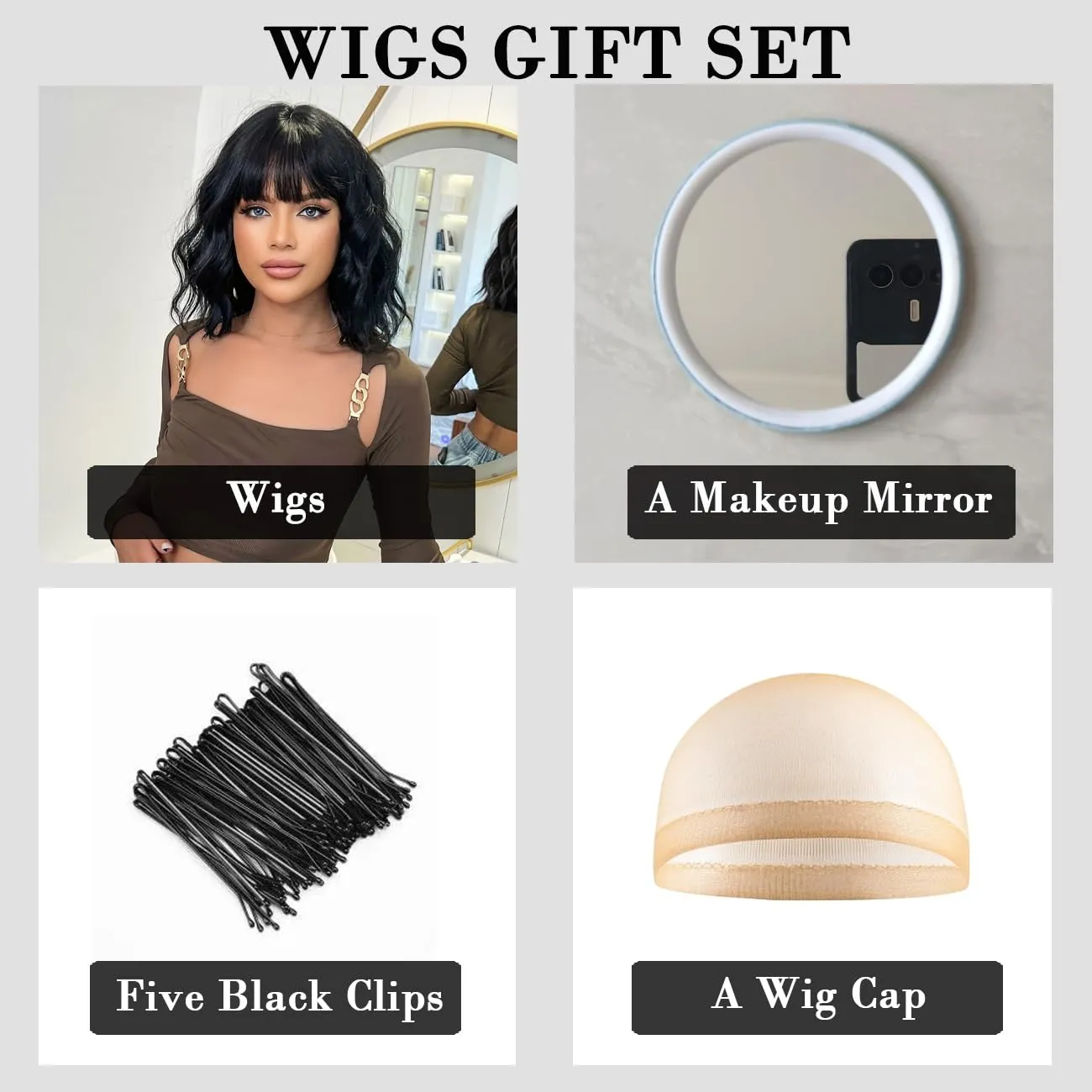 Short Bob Black Wavy Wigs for Women Natural Shoulder Length Wig with Bangs Synthetic Wigs for Daily Cosplay