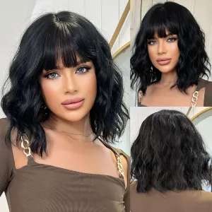 Short Bob Black Wavy Wigs for Women Natural Shoulder Length Wig with Bangs Synthetic Wigs for Daily Cosplay
