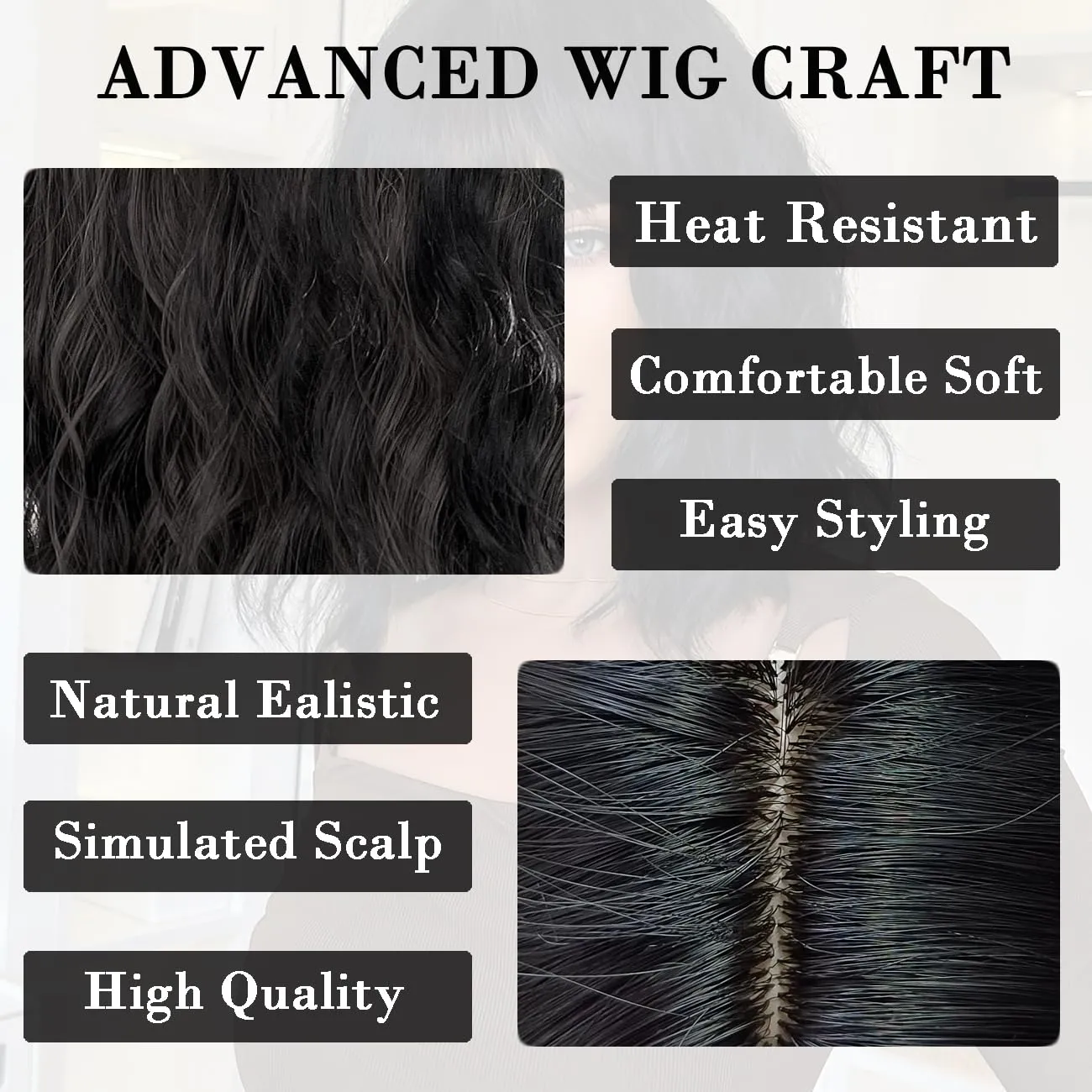 Short Bob Black Wavy Wigs for Women Natural Shoulder Length Wig with Bangs Synthetic Wigs for Daily Cosplay