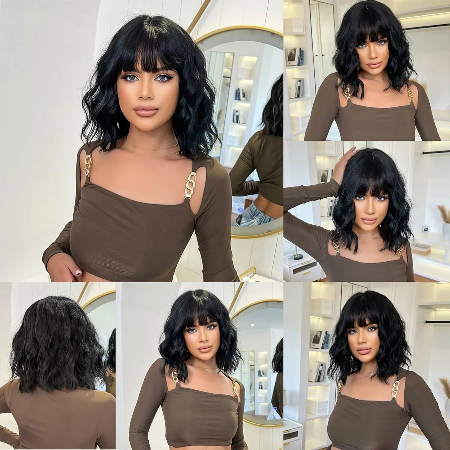 Short Bob Black Wavy Wigs for Women Natural Shoulder Length Wig with Bangs Synthetic Wigs for Daily Cosplay