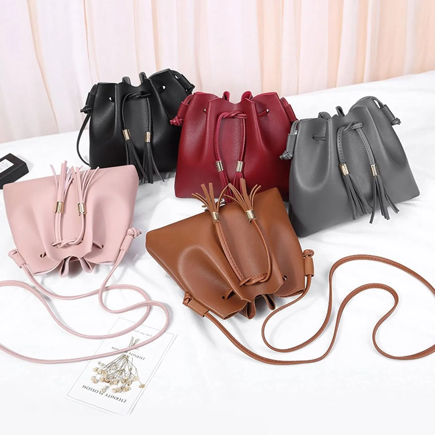 Shoulder bag String Bucket Bag For Women PU Leather Small Handbag Female Tassel Purse Shoulder Crossbody Sac Bag