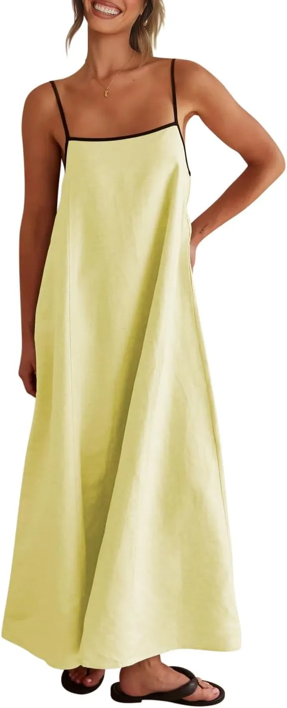 Shy Velvet Women's 2025 Summer Linen Maxi Dress Contrast Spaghetti Strap Dress Backless Sleeveless Casual Party Beach Dresses
