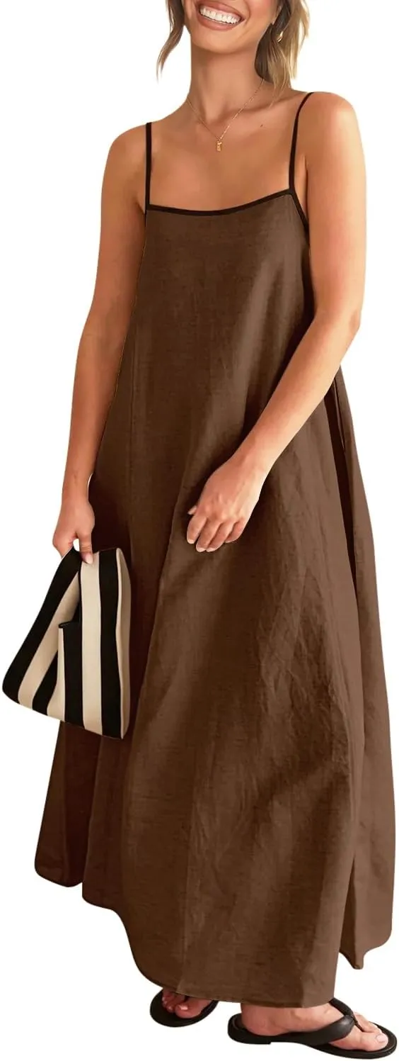 Shy Velvet Women's 2025 Summer Linen Maxi Dress Contrast Spaghetti Strap Dress Backless Sleeveless Casual Party Beach Dresses
