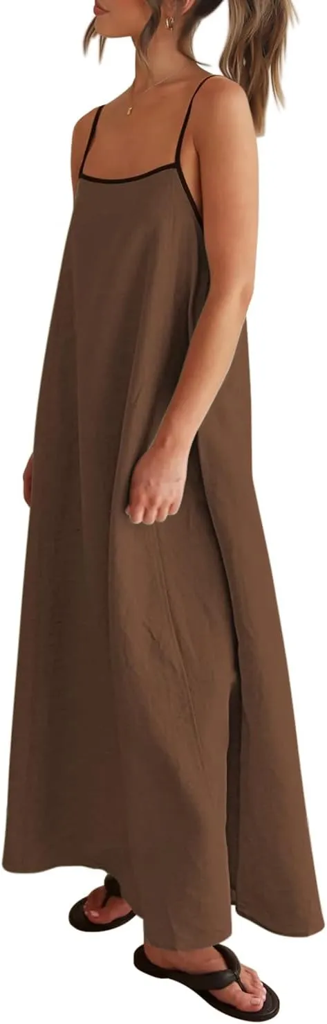 Shy Velvet Women's 2025 Summer Linen Maxi Dress Contrast Spaghetti Strap Dress Backless Sleeveless Casual Party Beach Dresses