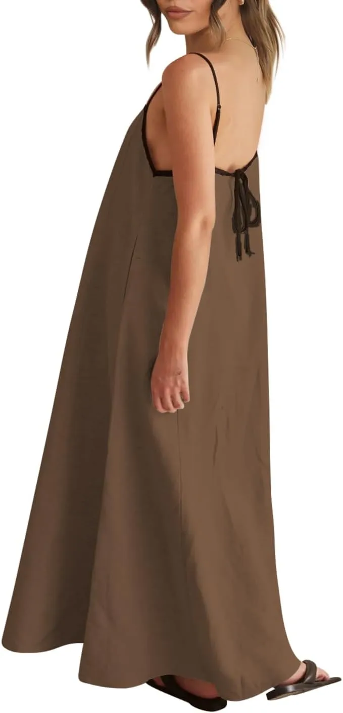 Shy Velvet Women's 2025 Summer Linen Maxi Dress Contrast Spaghetti Strap Dress Backless Sleeveless Casual Party Beach Dresses